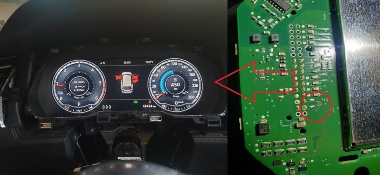 Naprawa licznika cyfrowego VW (Active Info Display) – uszkodzony element na płytce i działające zegary po naprawie